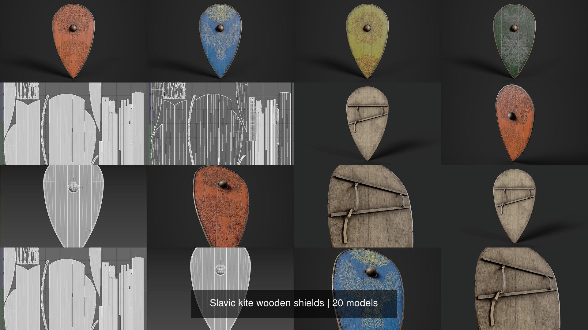 Slavic kite wooden shields 20 pieces 3D Model Collection_6