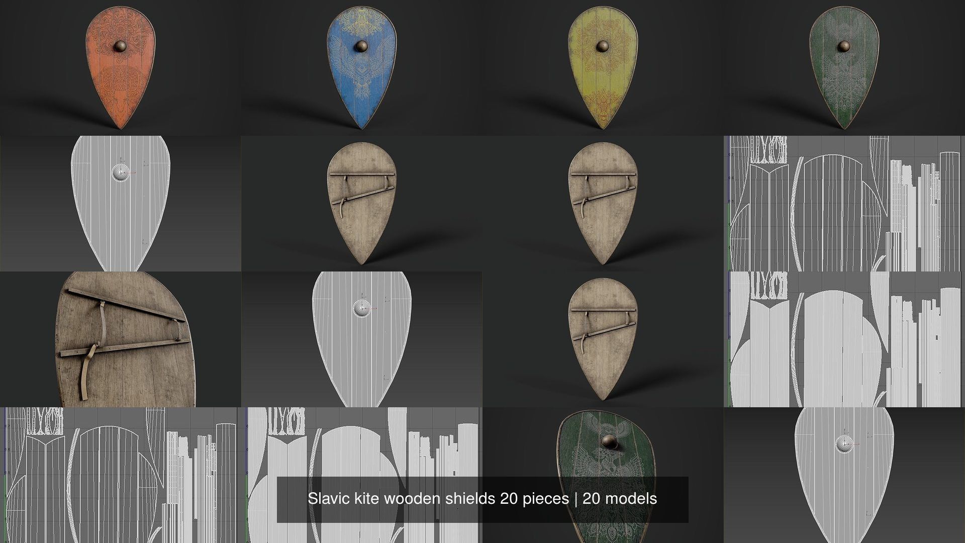 Slavic kite wooden shields 20 pieces 3D Model Collection_3