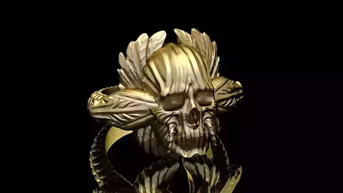 Black Skull Ring Light Gold Cad Design Skeleton Head 