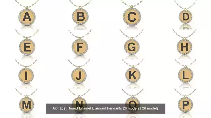 Alphabet Round Enamel Diamond Pendants 26 models 3D Model Collection