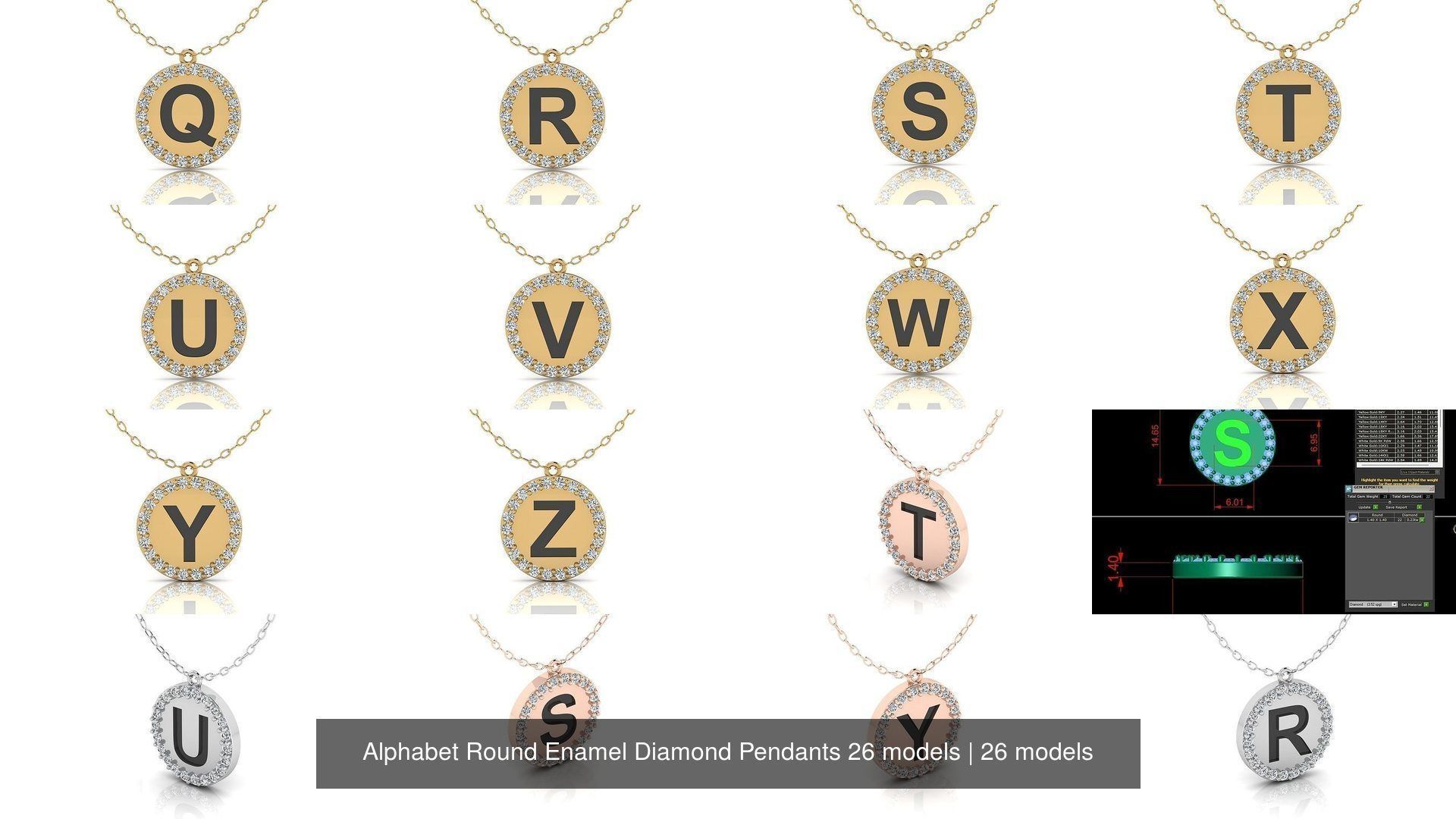 Alphabet Round Enamel Diamond Pendants 26 models 3D Model Collection_3