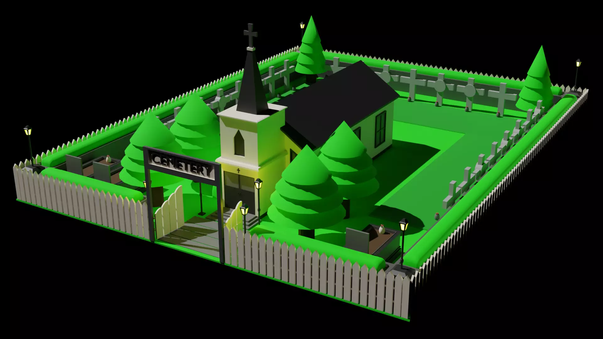 LOW POLY CHURCH - CEMETERY Package 3D model_0