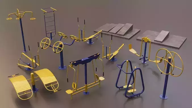 Detailed Outdoor Fitness Equipments Collection 3D Model