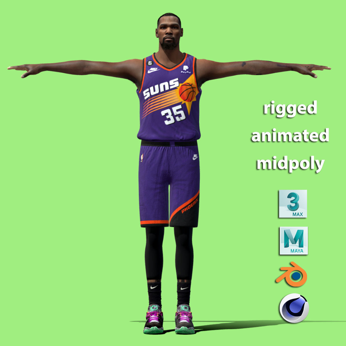 T-Pose Rigged Kevin Durant Phoenix Suns NBA 3D model_2