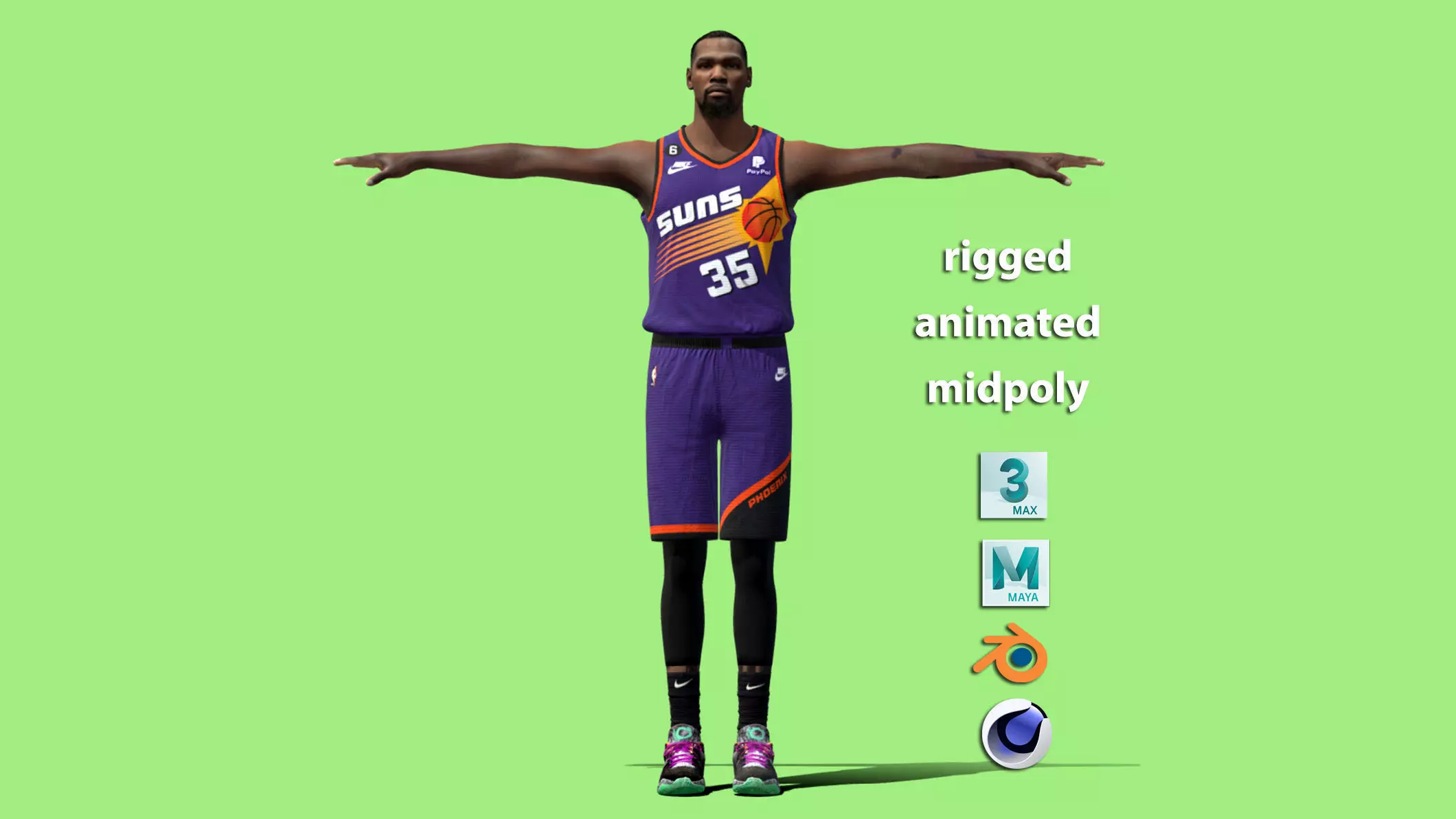 T-Pose Rigged Kevin Durant Phoenix Suns NBA 3D model_0
