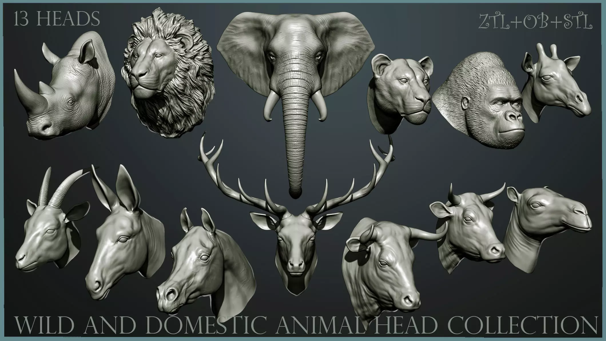 13 animal Heads 3D model_0