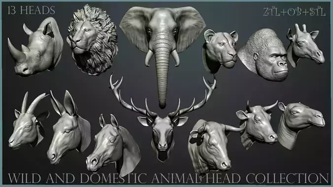 13 animal Heads 3D model 13 animal Heads 3D model