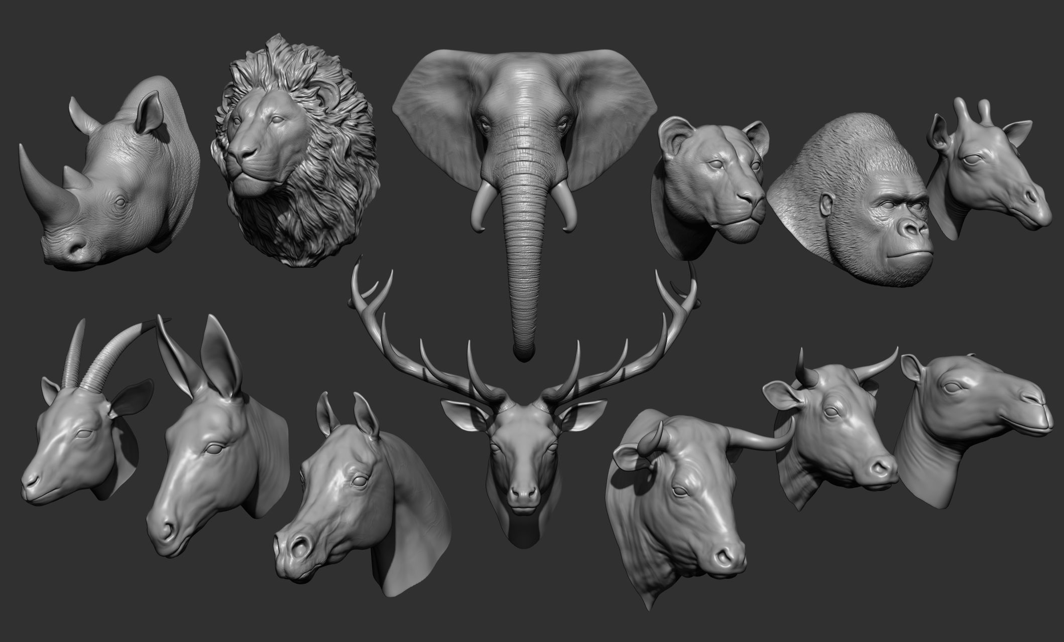 13 animal Heads 3D model_1