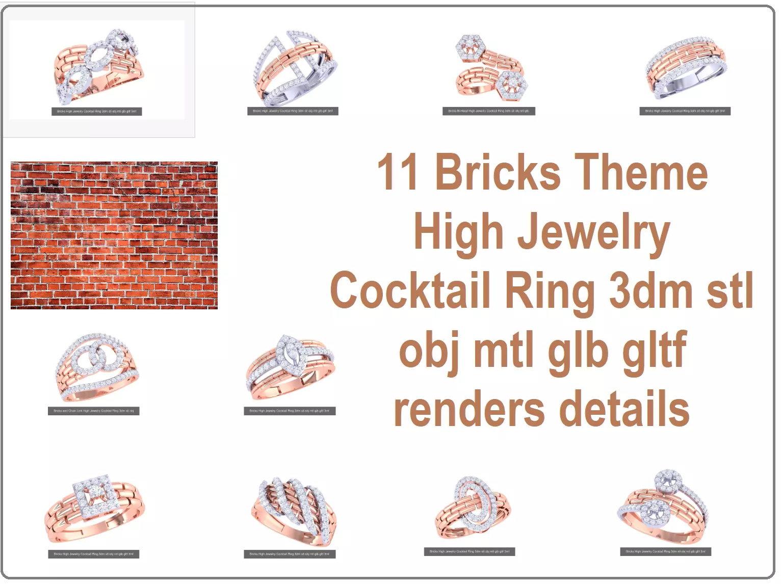 11 Bricks Theme High Jewelry Cocktail Ring 3dm stl obj mtl  3D Model Collection_0