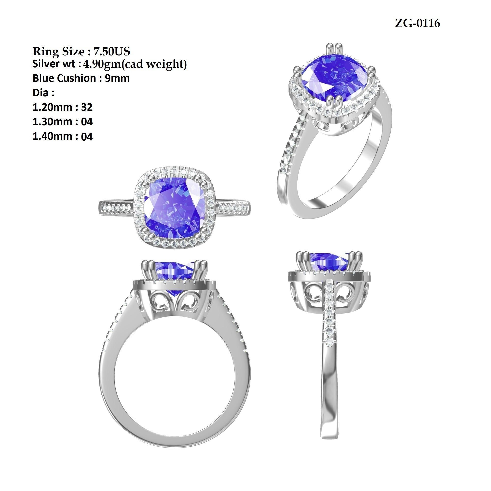  Cushion Solitaire Art deco Ring 3D print model_7