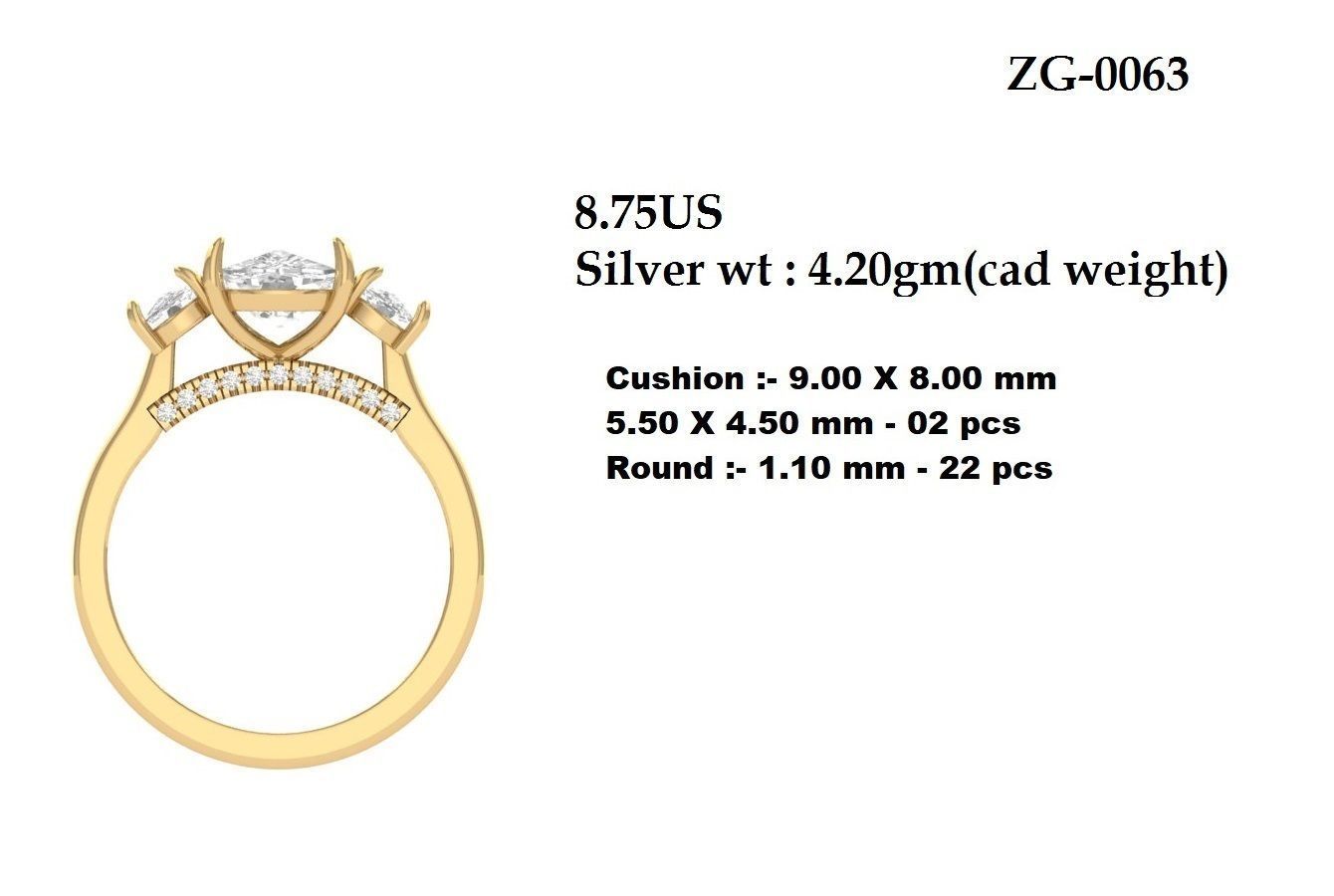  Cushion 3 Stone Solitaire Art deco Ring 3D print model_5