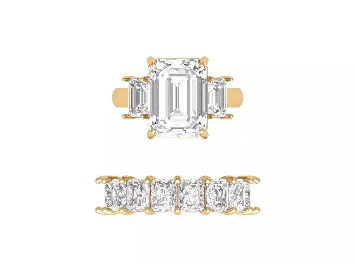 Emerald 3 Stone Art Deco Ring with Radiant Full Eternity Band 3D print model