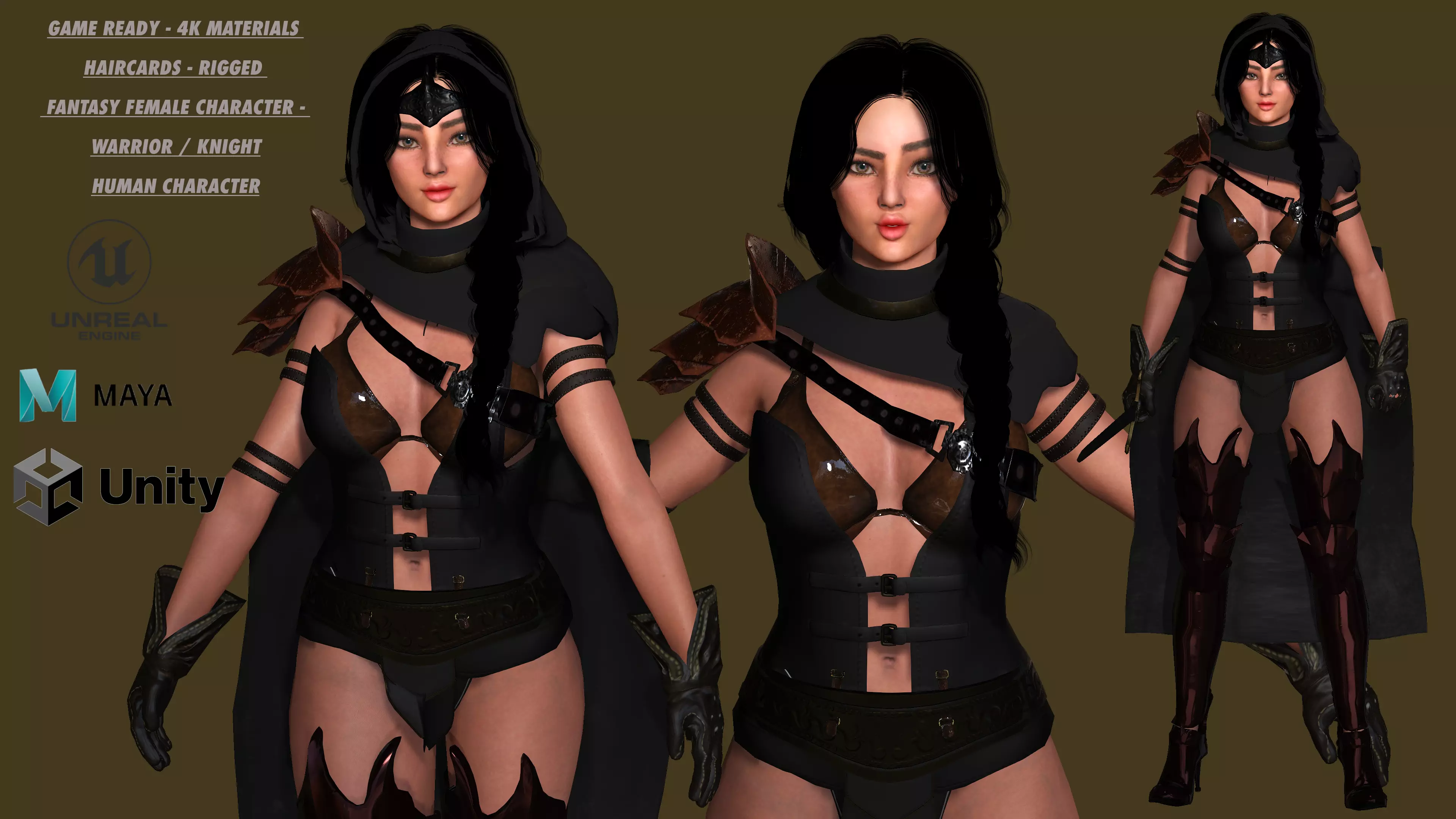 AAA 3D FANTASY FEMALE WARRIOR - REALISTIC RIG GAME CHARACTER Low-poly 3D model_0