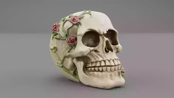 Skull with roses high-poly 