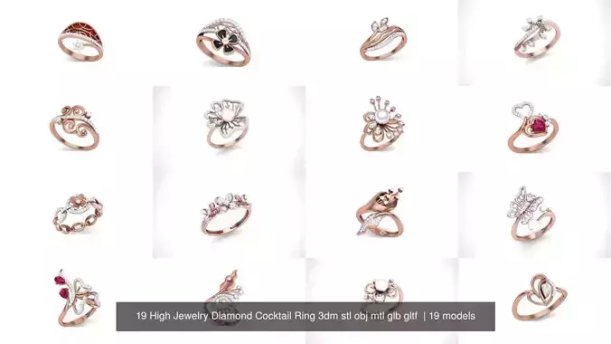 19 High Jewelry Diamond Cocktail Ring 3dm stl obj mtl glb gltf  3D Model Collection