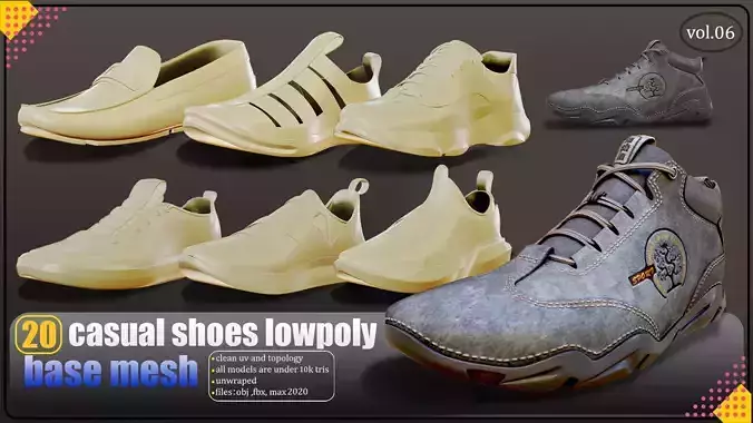20 casual shoes lowpoly basemesh 