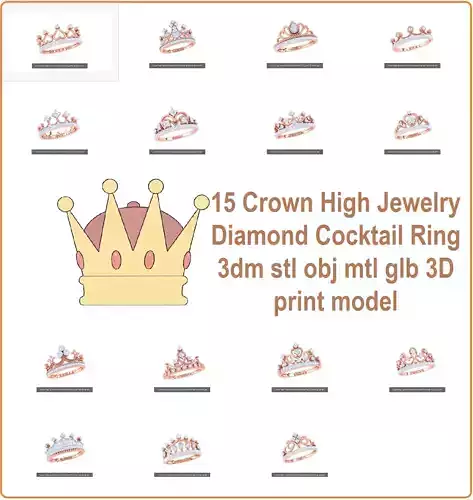 15 Crown High Jewelry Diamond Cocktail Ring 3dm stl obj 