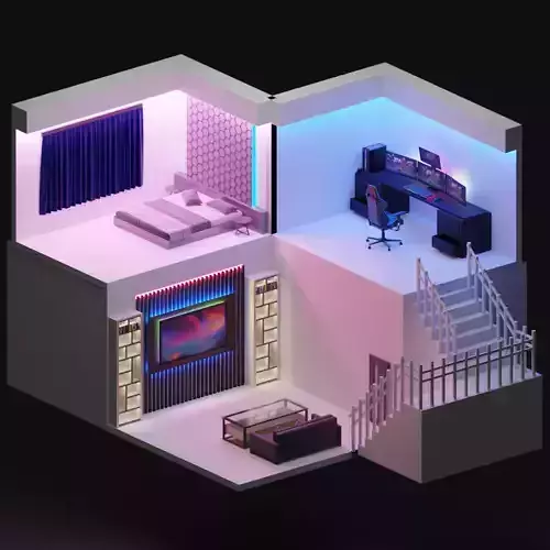 Immersive Isometric Room with Gaming Bedroom and Living Areas