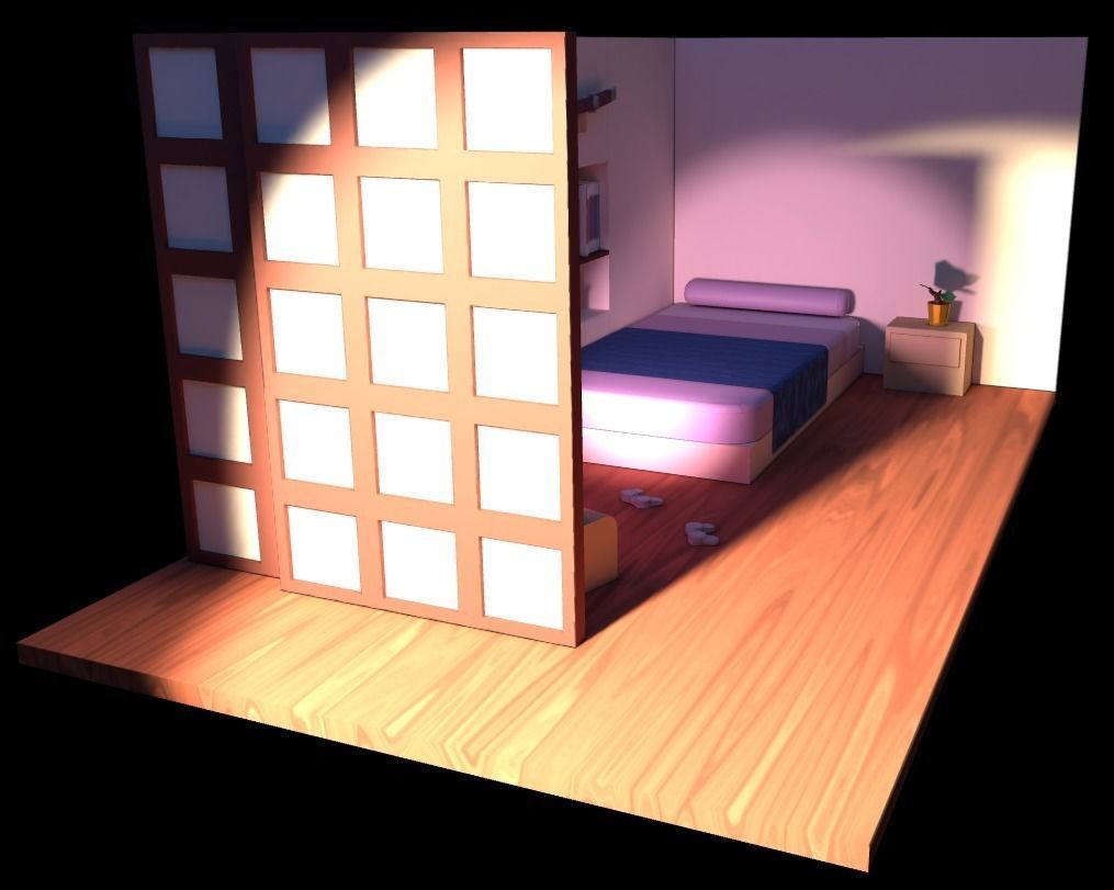 Cozy bedroom japanese inspiration Low-poly 3D model_4
