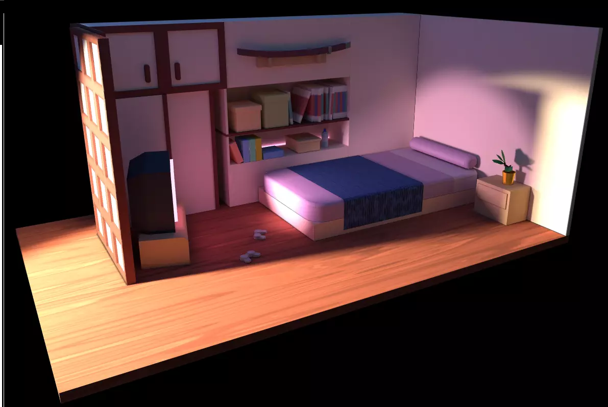 Cozy bedroom japanese inspiration Low-poly 3D model_0