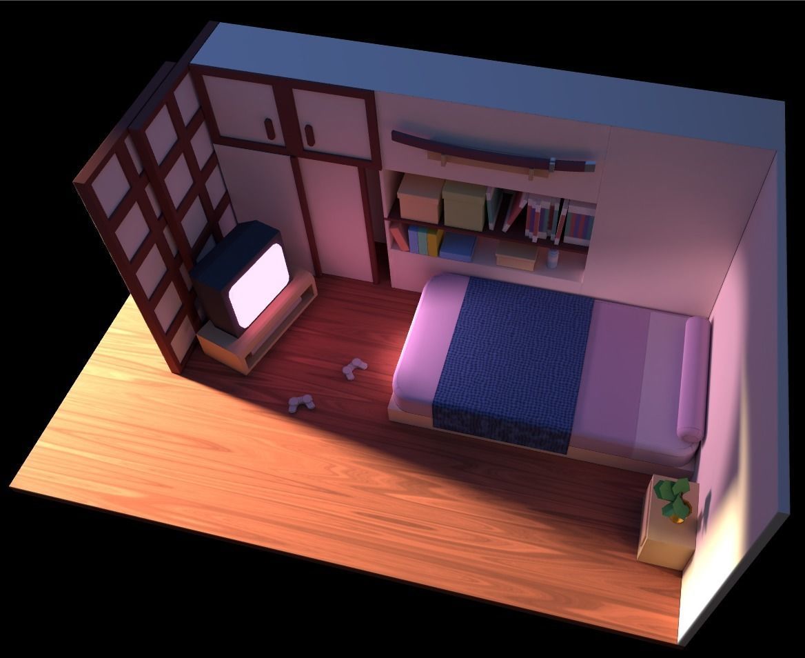 Cozy bedroom japanese inspiration Low-poly 3D model_3