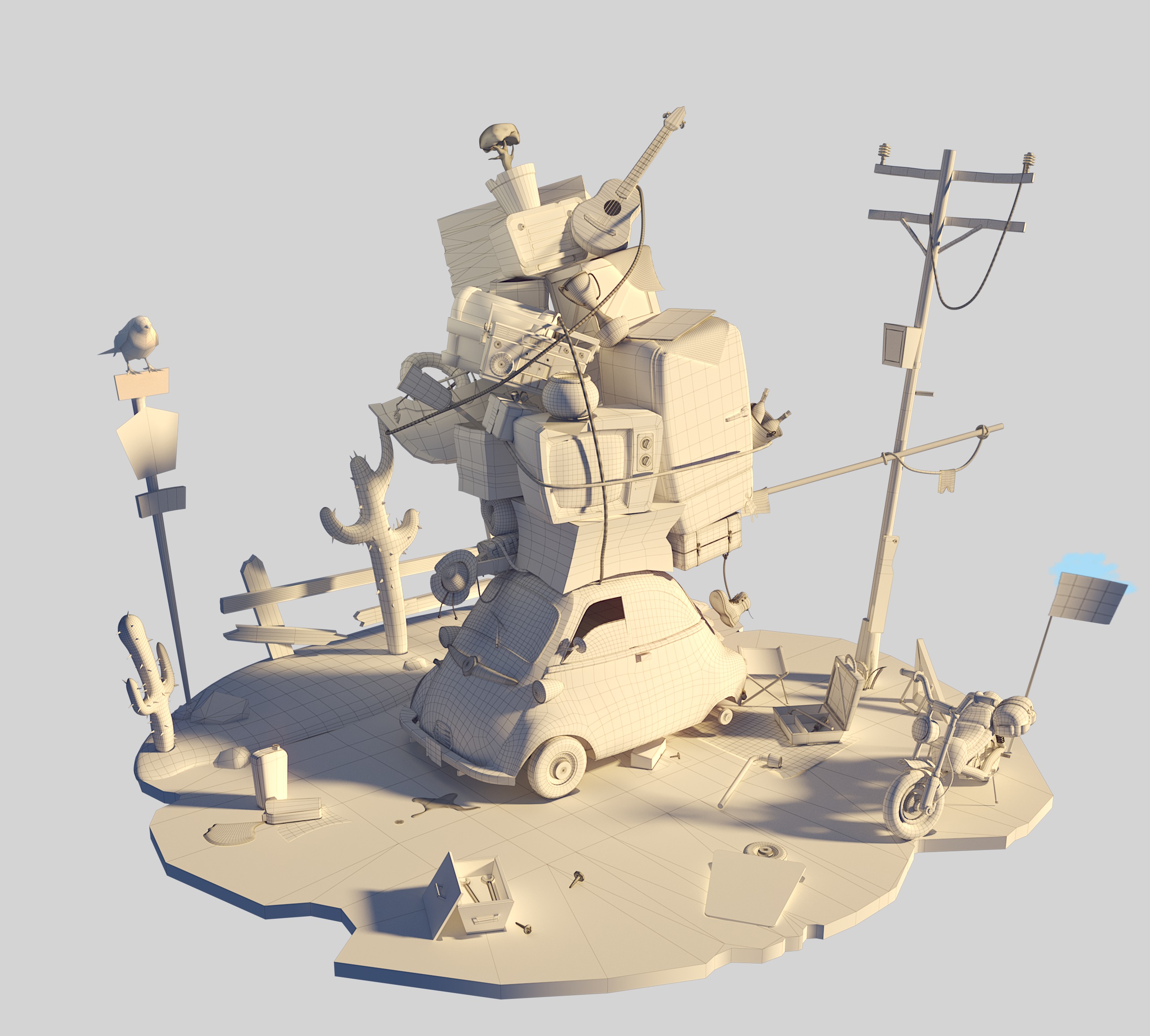 Stylized broken-down car Low-poly 3D model_9
