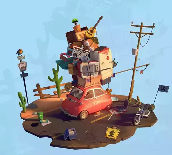 Stylized broken-down car Low-poly 3D model
