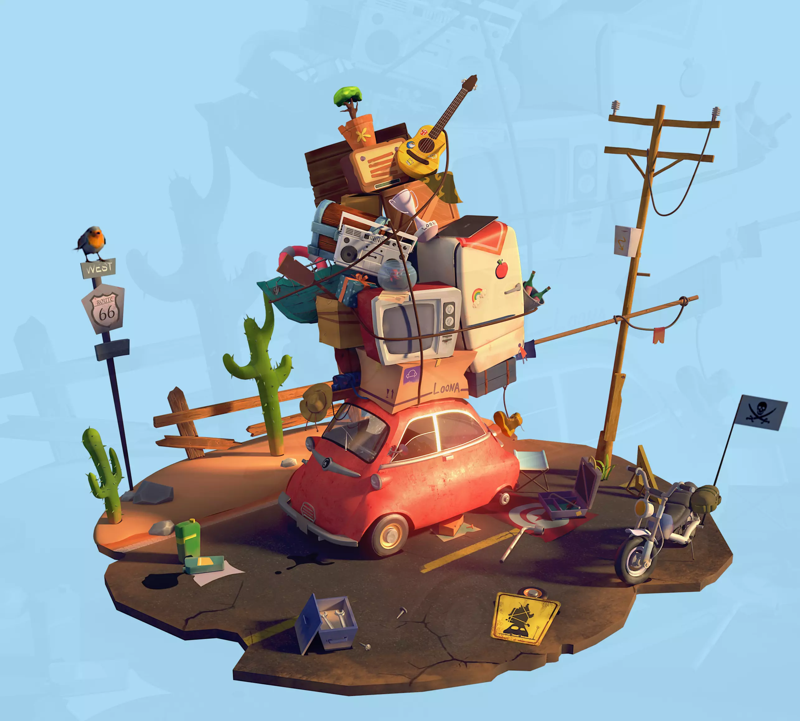 Stylized broken-down car Low-poly 3D model_0