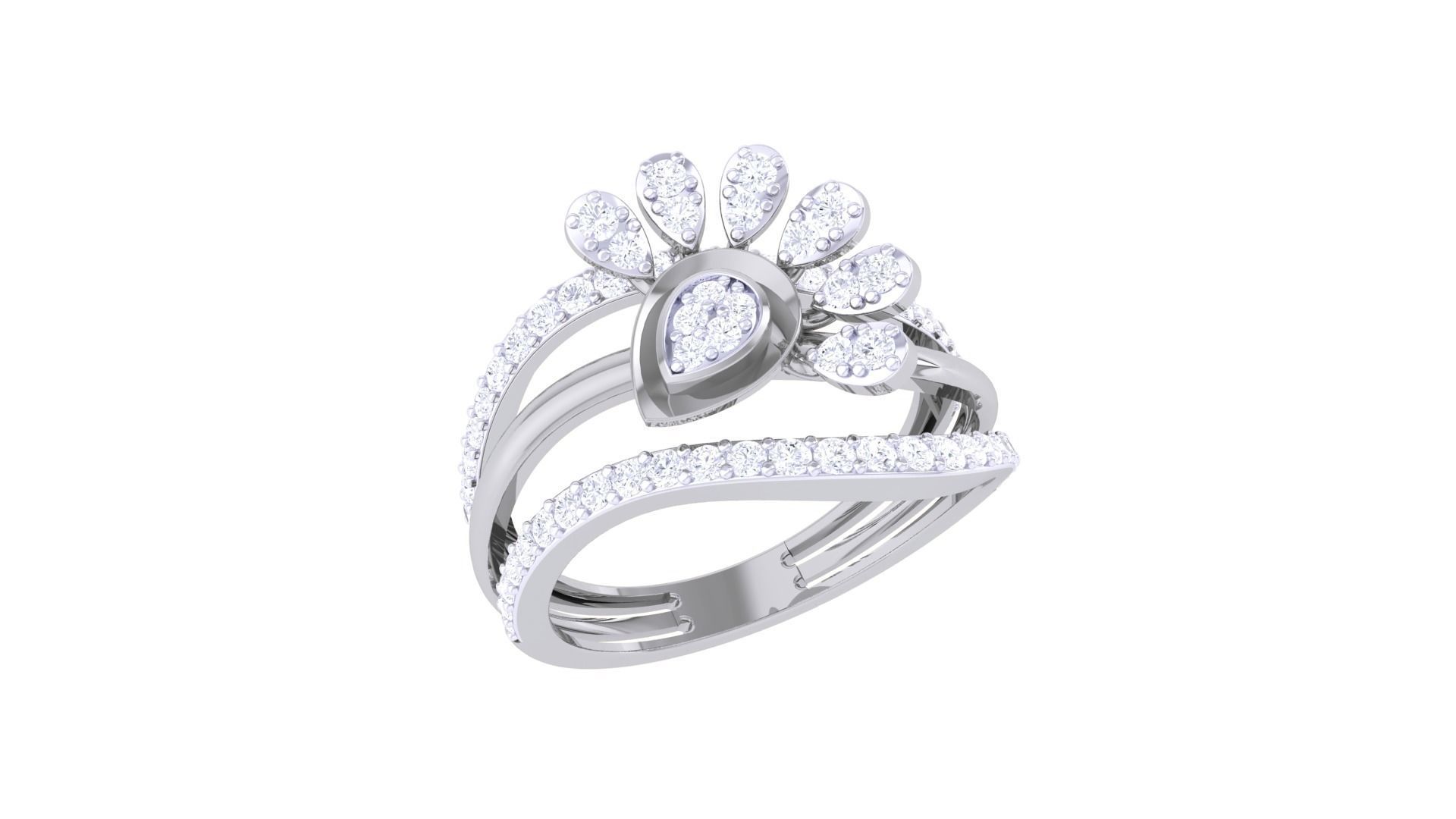 Flower High Jewelry Diamond Cocktail Ring 3dm stl obj mtl glb  3D print model_1