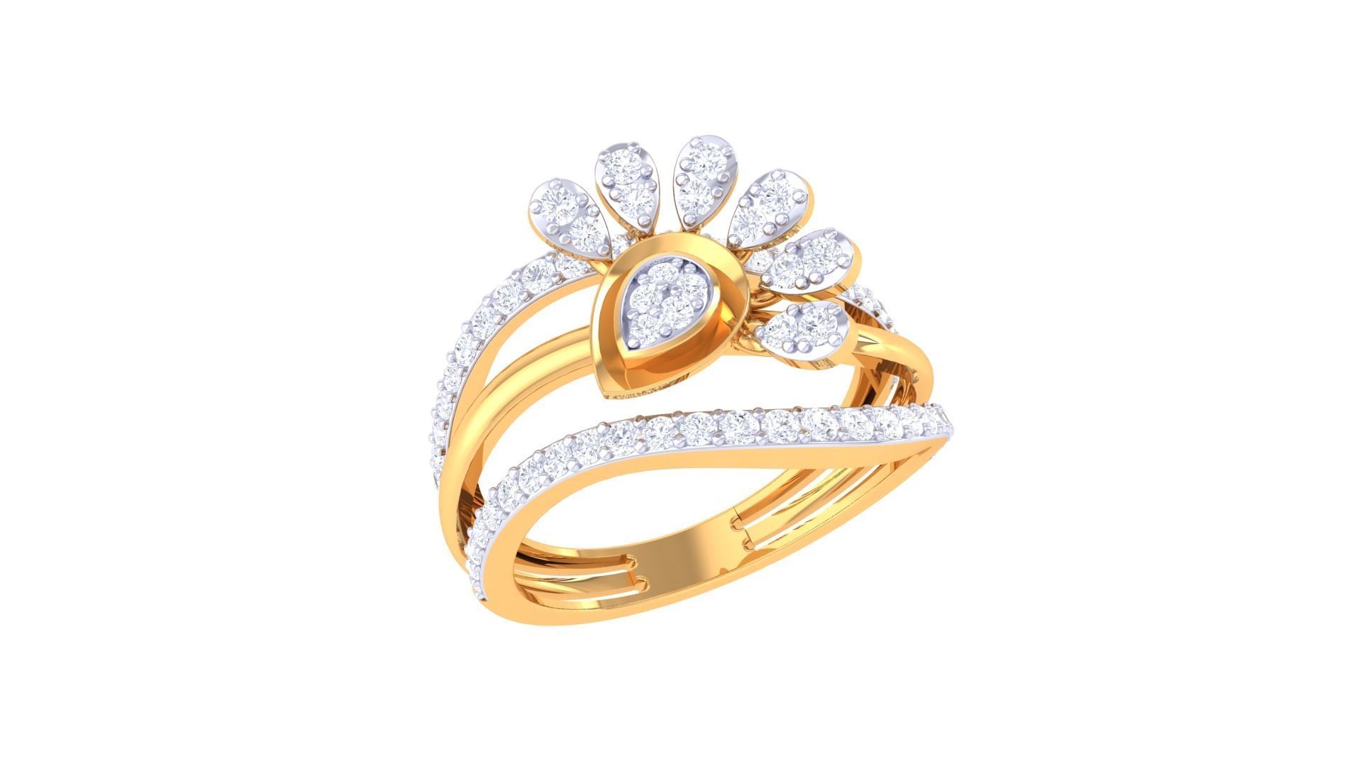 Flower High Jewelry Diamond Cocktail Ring 3dm stl obj mtl glb  3D print model_2