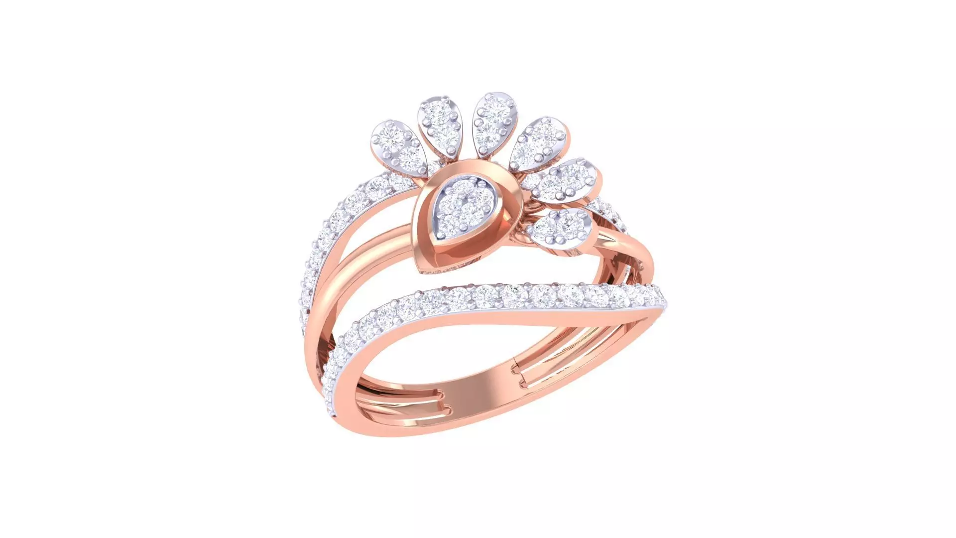 Flower High Jewelry Diamond Cocktail Ring 3dm stl obj mtl glb  3D print model_0