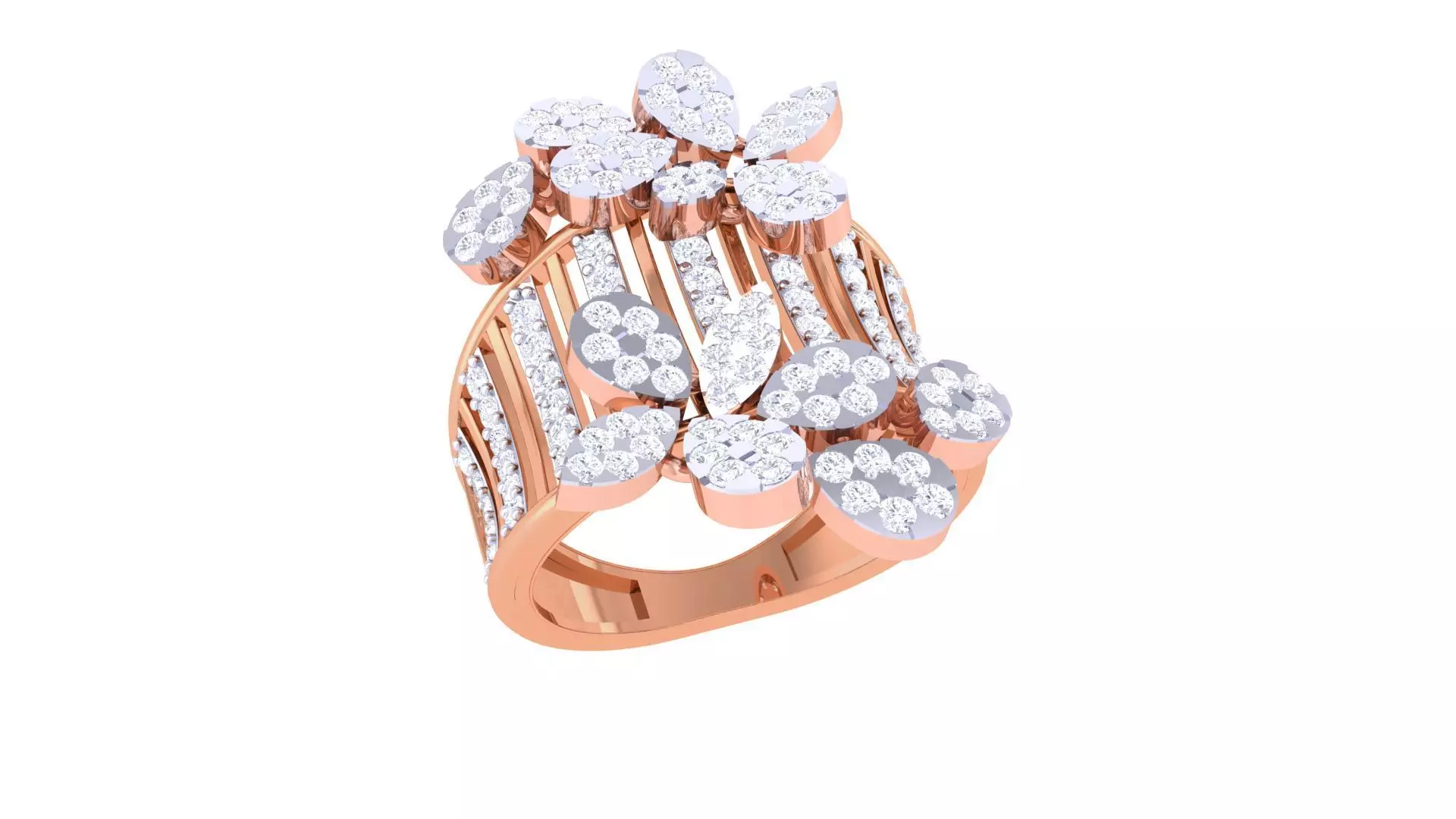 Flower High Jewelry Diamond Cocktail Ring 3dm stl obj mtl glb  3D print model_0