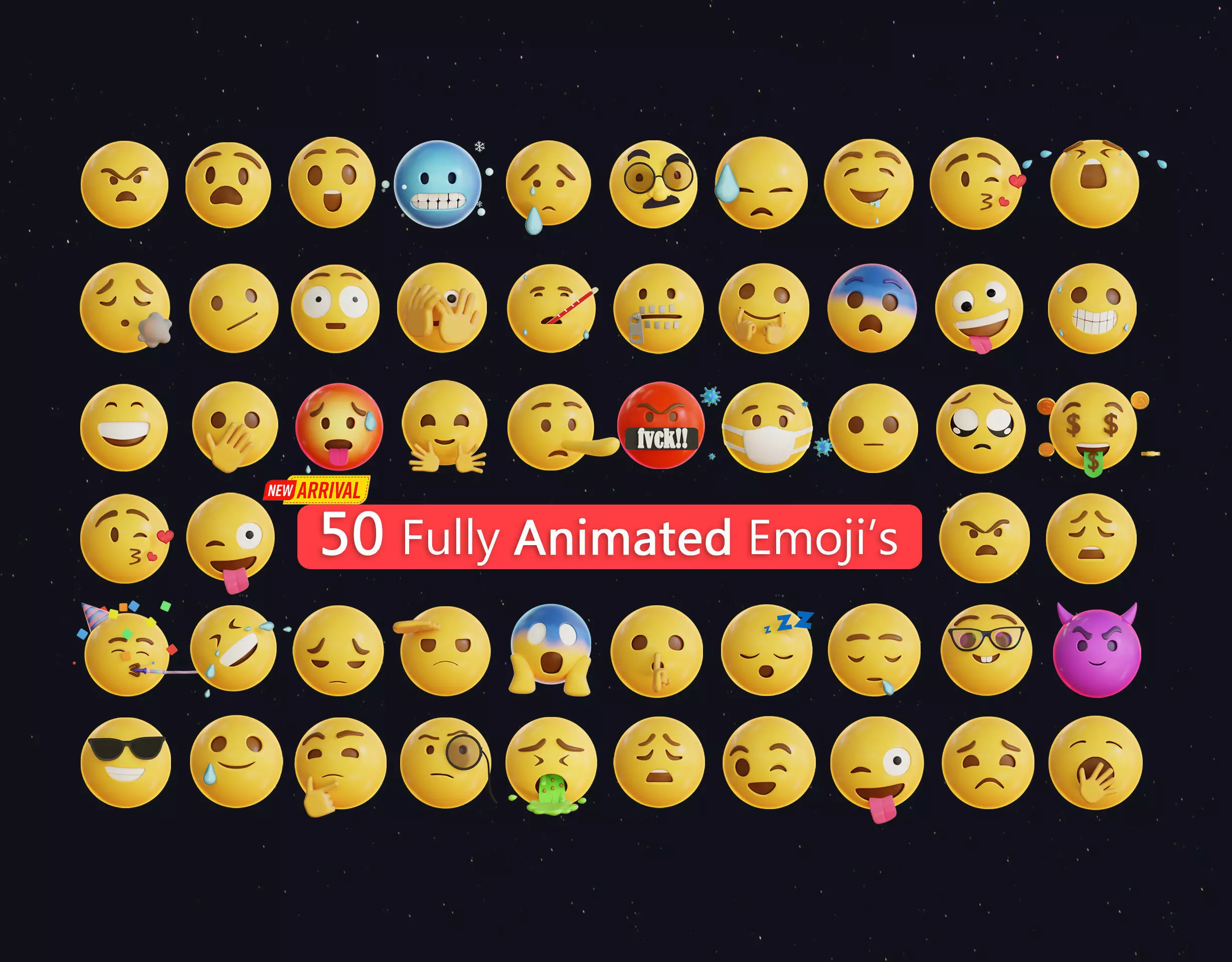 50 fully Animated Smiley Emojis Low-poly 3D model_0