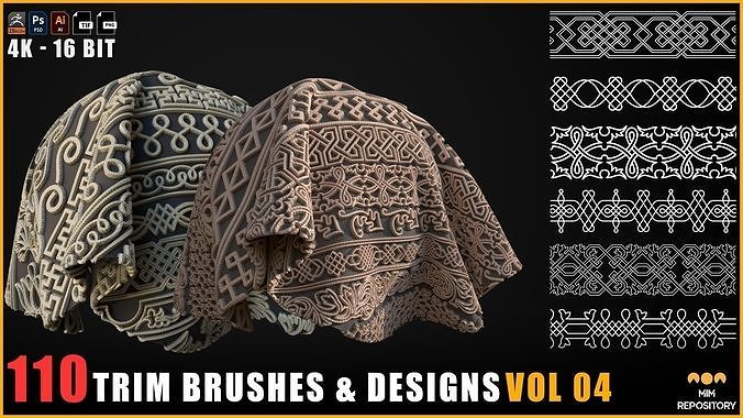 110 Trim Brushes and Designs-Border Pattern-Roll Brush-Fill- V04 3D model