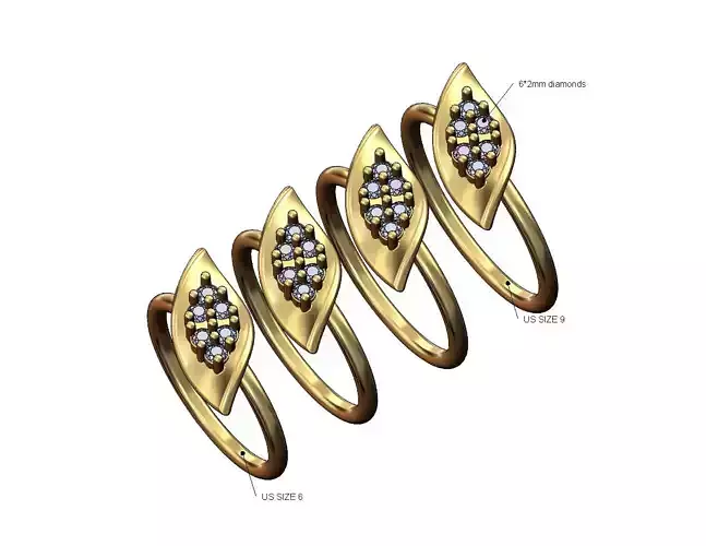 Side tilted twisted diamond clustet leaf band US sizes 6to9