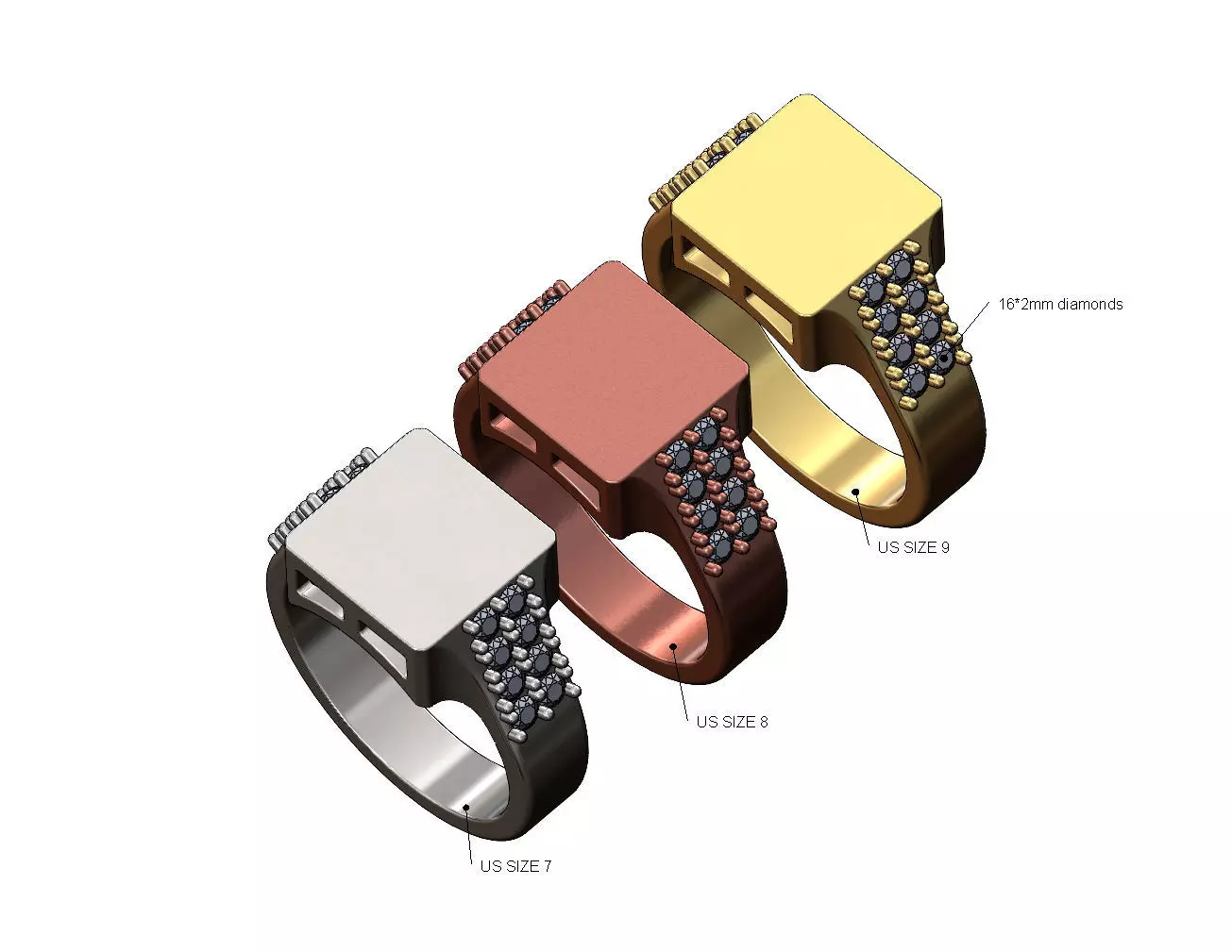 Blank diamond sides square signet ring US sizes 7 8 9 3D print model