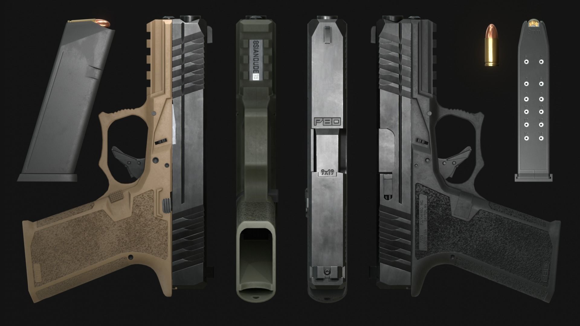 Polymer80 PFC9-G19 Handgun and Inforce APLc - Game Asset Low-poly 3D model_12