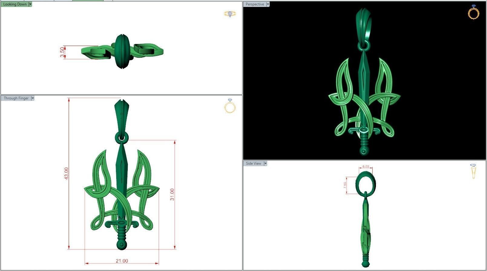 Ukrainian State Symbol Sword and Grass Patern Trident Pendant 3D print model_6