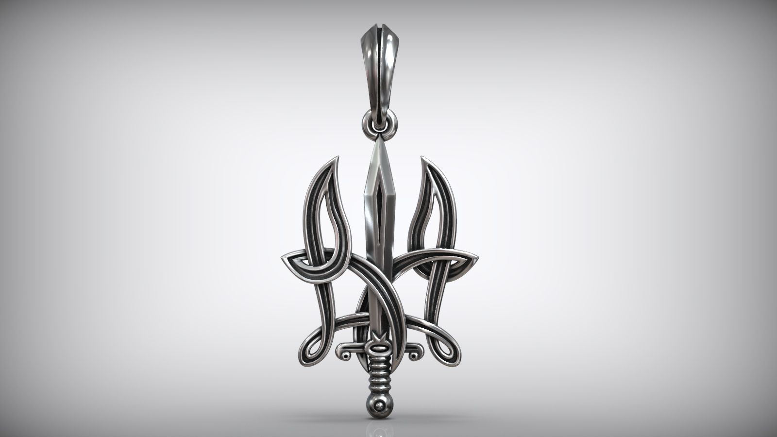 Ukrainian State Symbol Sword and Grass Patern Trident Pendant 3D print model_3