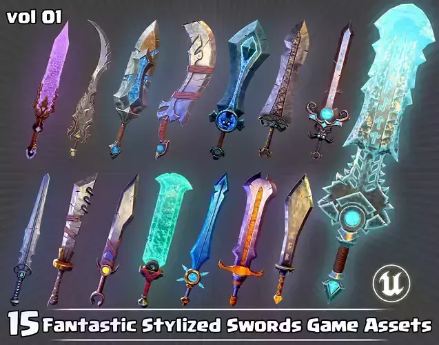 15 Fantastic Stylized Swords Game Assets Low-poly 3D model