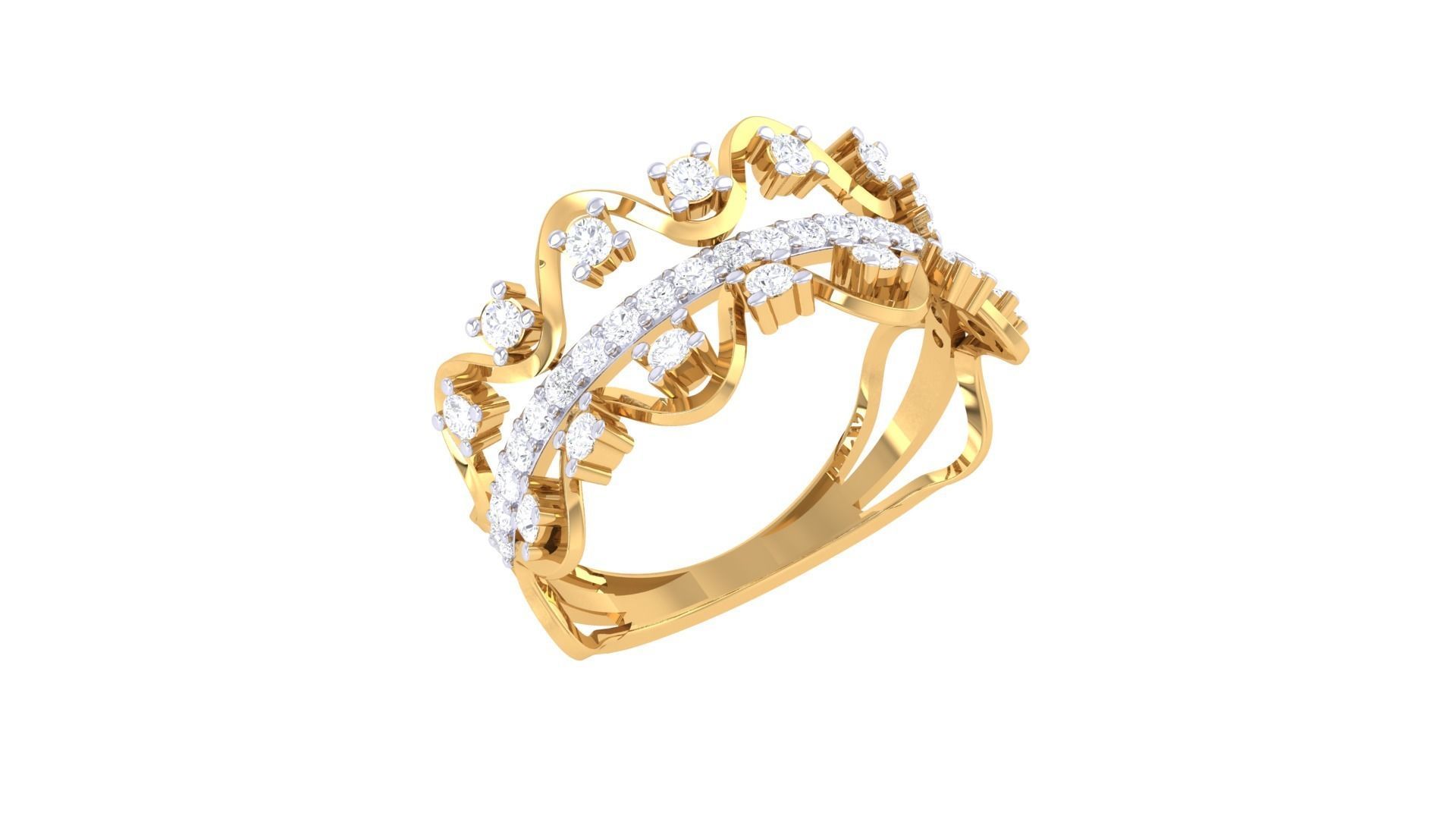 Wave High Jewelry Diamond Cocktail Ring 3dm stl obj mtl glb 3D print model_2