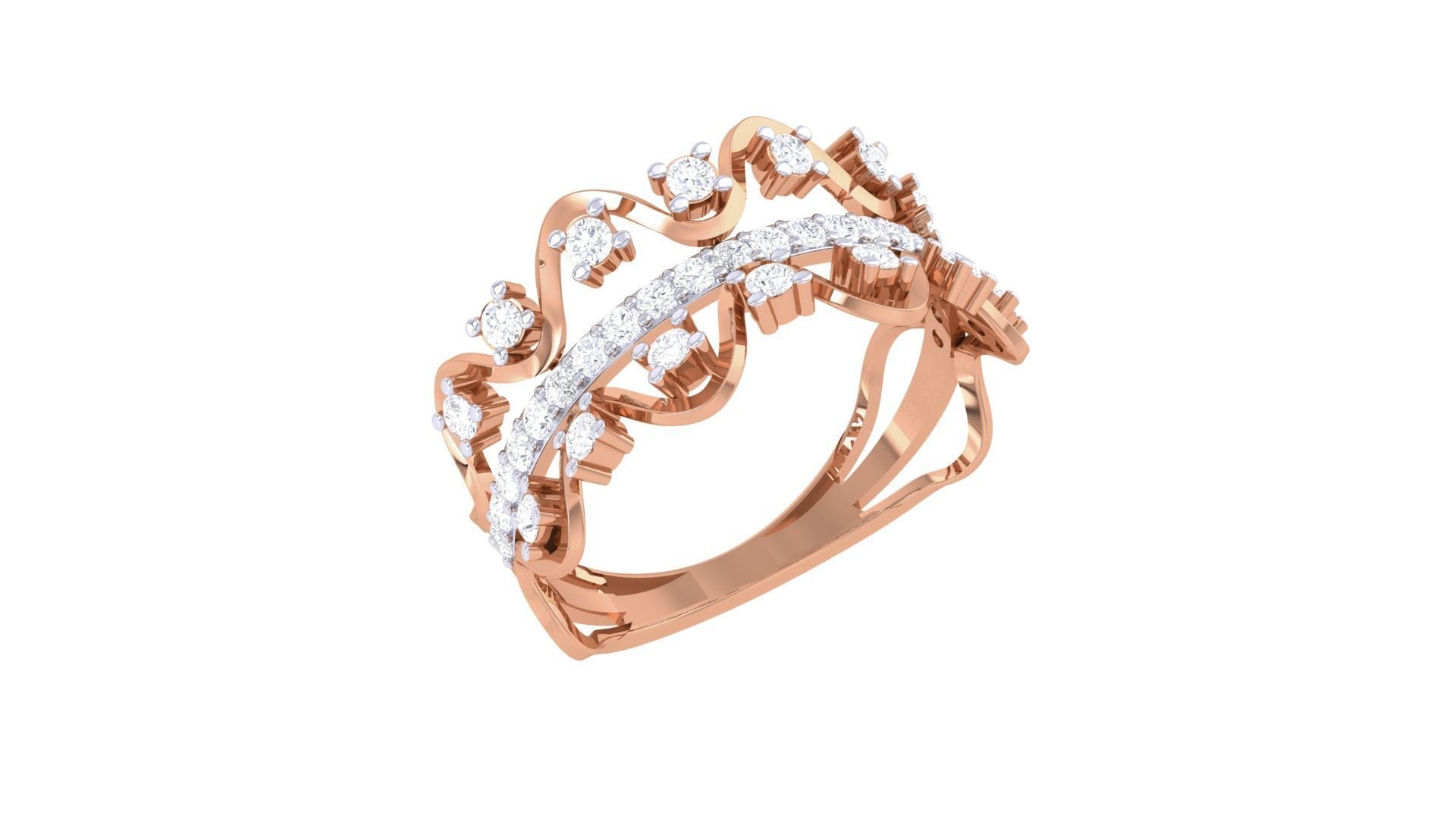 Wave High Jewelry Diamond Cocktail Ring 3dm stl obj mtl glb 3D print model_6