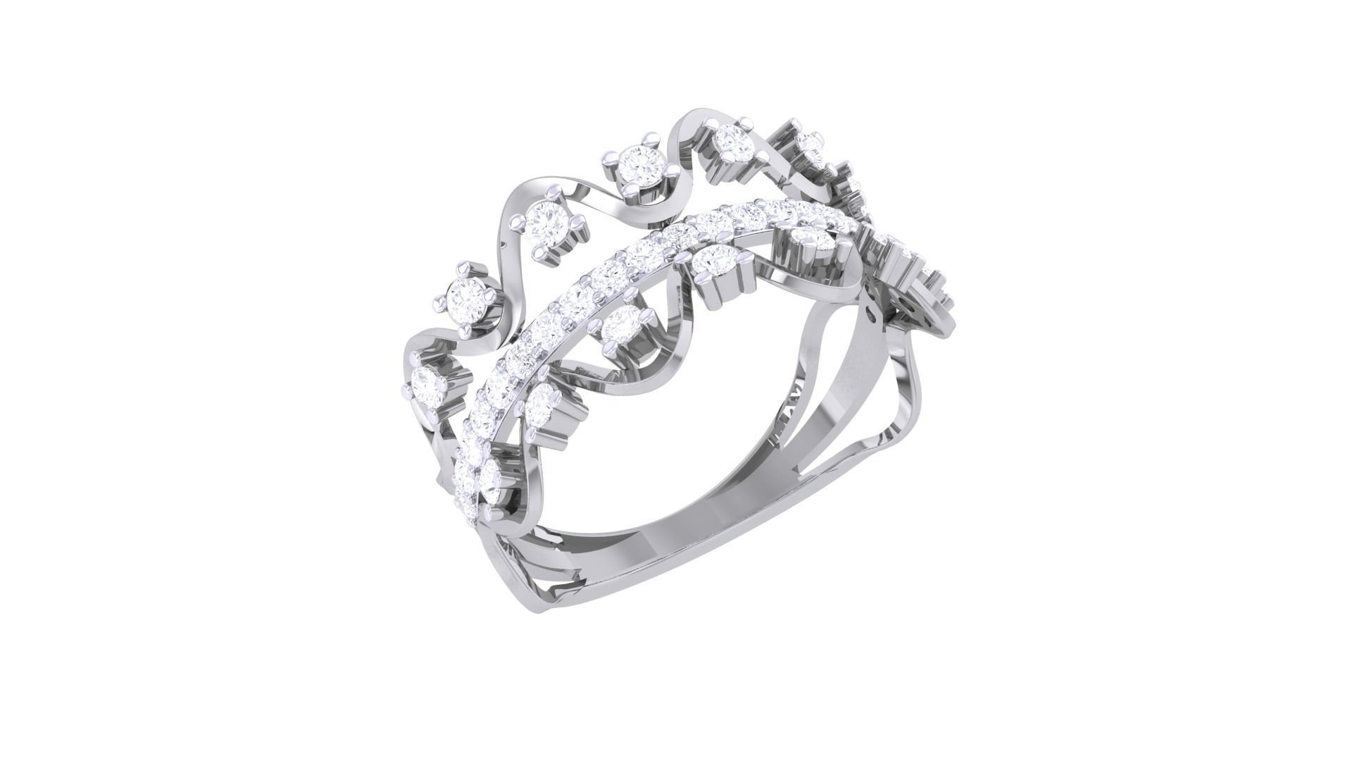 Wave High Jewelry Diamond Cocktail Ring 3dm stl obj mtl glb 3D print model_1