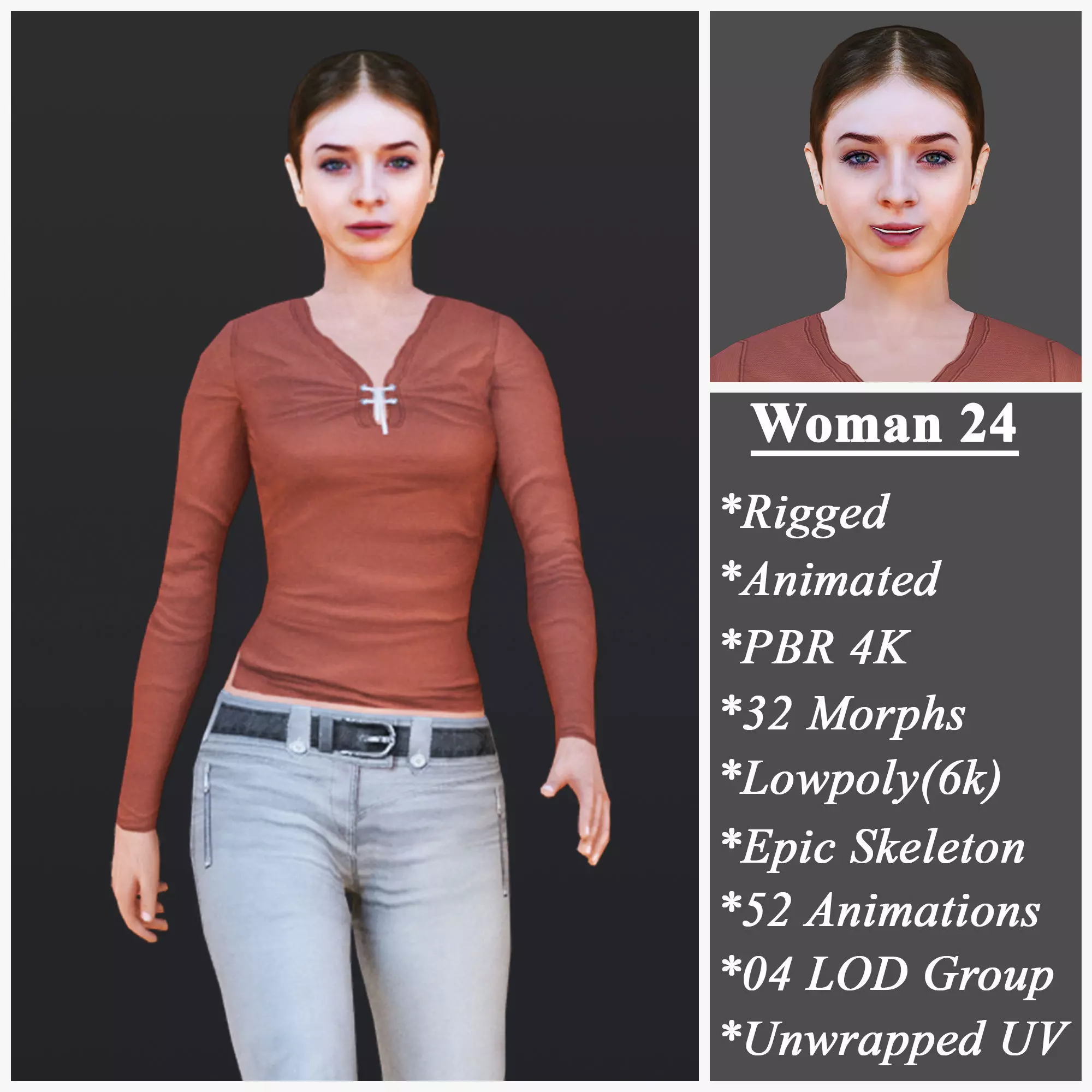 3D model Woman 24 With 52 Animations 32 Morphs VR / AR / low-poly ...