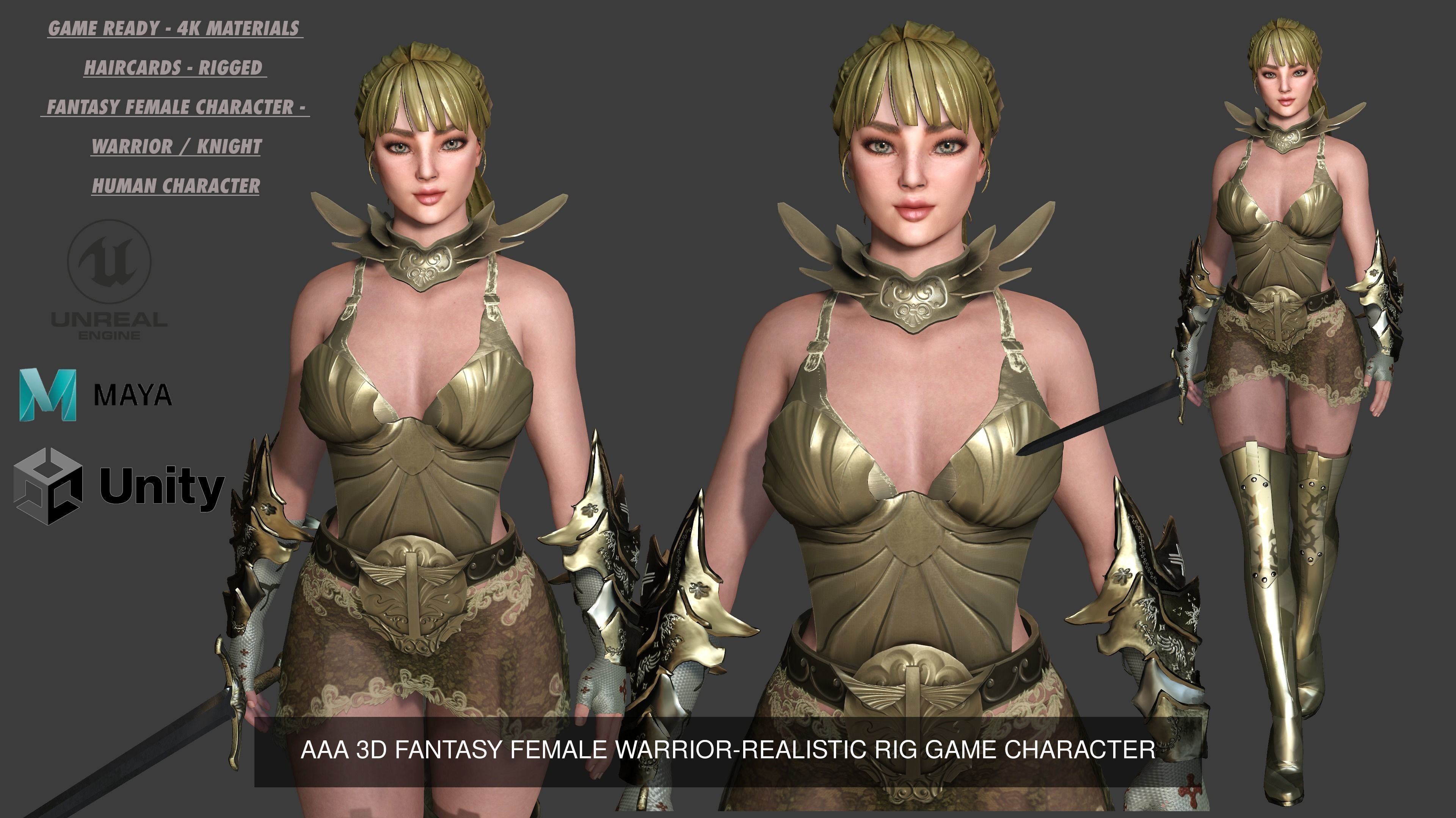 AAA 3D FANTASY MEDIEVAL FEMALE WARRIOR KNIGHT PACK 01 - 4 MODEL 3D Model Collection_4