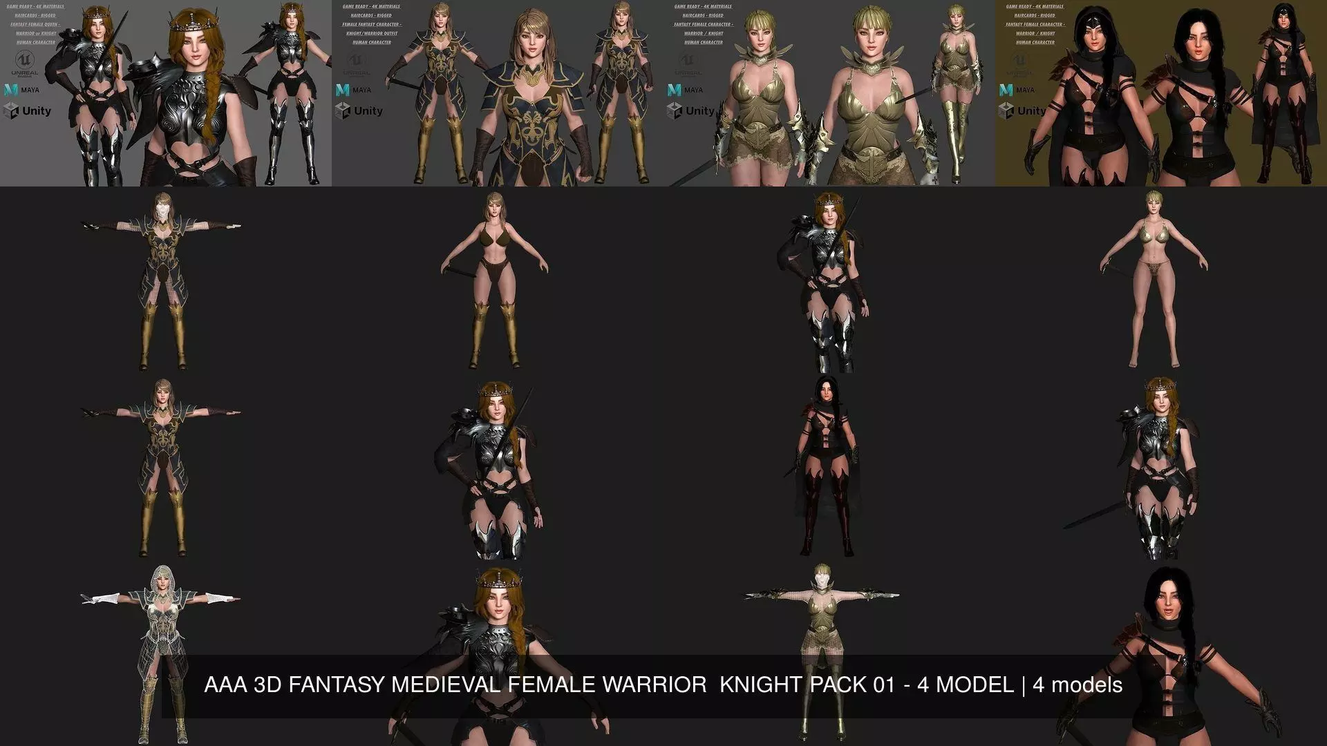 AAA 3D FANTASY MEDIEVAL FEMALE WARRIOR KNIGHT PACK 01 - 4 MODEL 3D Model Collection_1