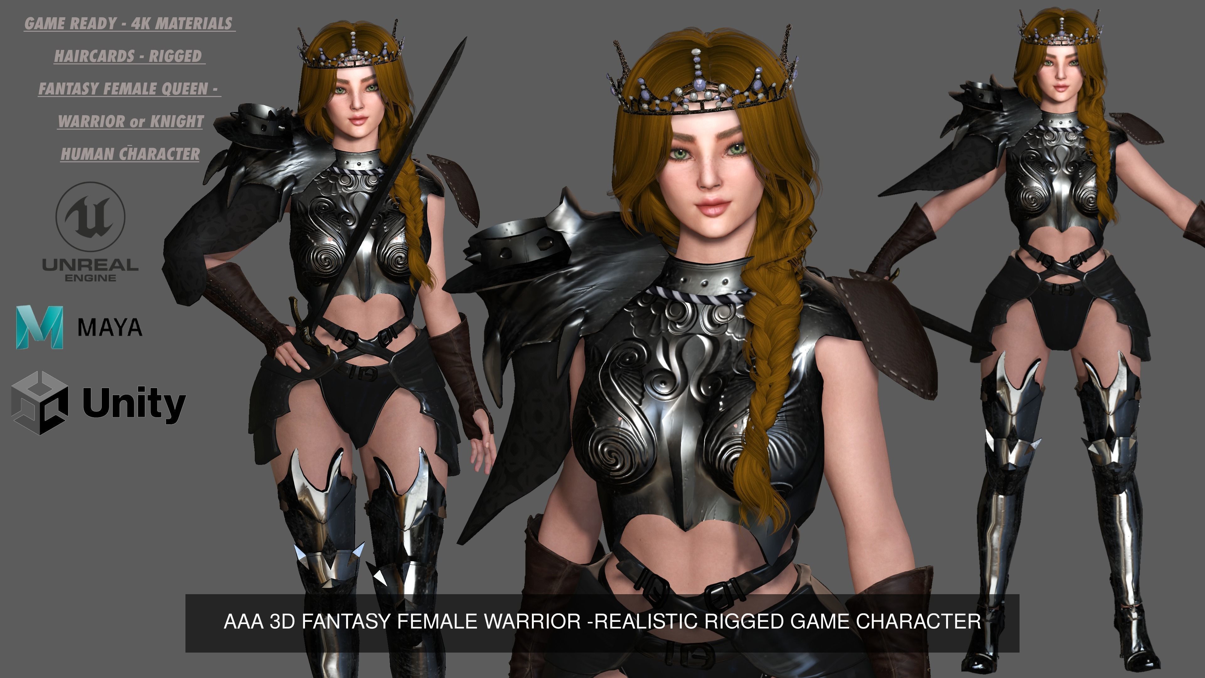 AAA 3D FANTASY MEDIEVAL FEMALE WARRIOR KNIGHT PACK 01 - 4 MODEL 3D Model Collection_2