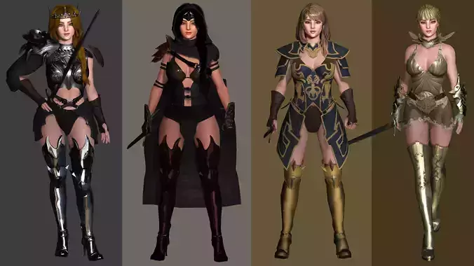 AAA 3D FANTASY MEDIEVAL FEMALE WARRIOR KNIGHT PACK 01 - 4 MODEL 3D Model Collection AAA 3D FANTASY MEDIEVAL FEMALE WARRIOR KNIGHT PACK 01 - 4 MODEL 3D Model Collection