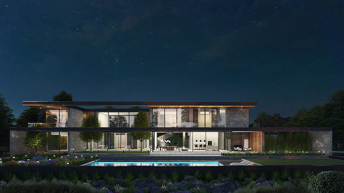 Mordern House Exterior Scene with Furniture and 2D Drawing 3D Model Pack 6