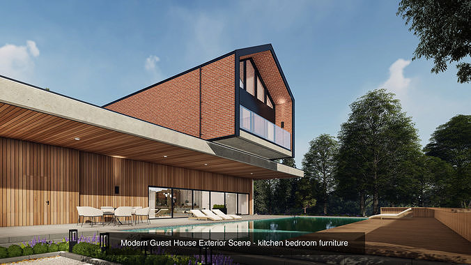 Mordern House Exterior Scene with Furniture and 2D Drawing 3D Model Pack 3